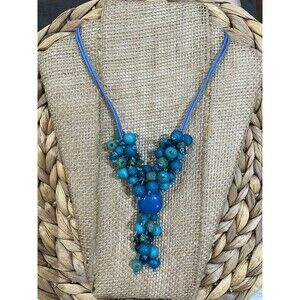 Blue Eco-Friendly Wooden Bead Cluster Necklace Blue Cotton Cord Beachy Boho